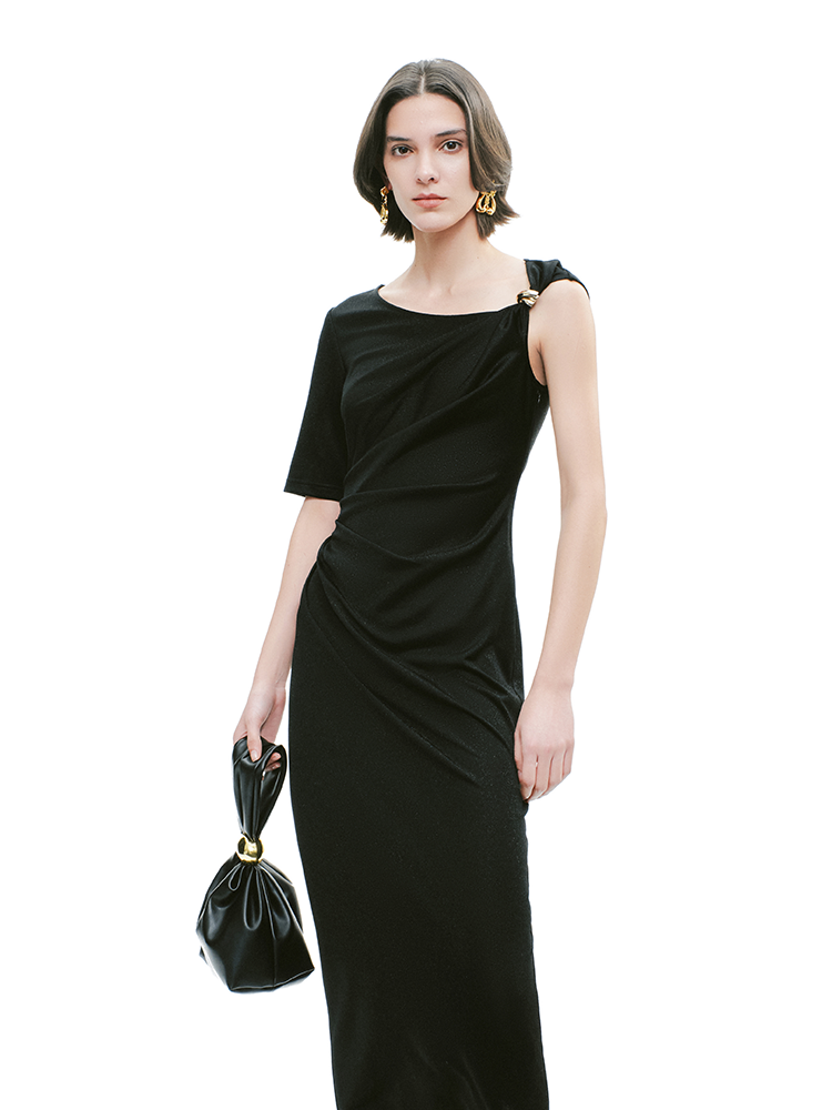 YES BY YESIR | Ye Qians Asymmetric Ribbon-Buckle Knit Dress with Sculpted Silhouette - JASME.RA