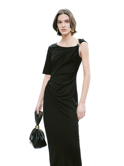 YES BY YESIR | Ye Qians Asymmetric Ribbon-Buckle Knit Dress with Sculpted Silhouette - JASME.RA