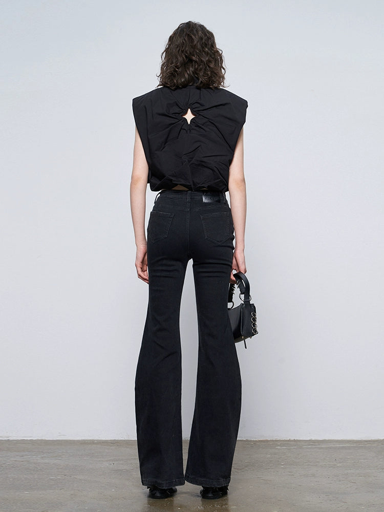 ANNAKIKI Black Wavy Silhouette Slim Denim Wide-Leg Pants-MAPLE