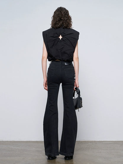 ANNAKIKI Black Wavy Silhouette Slim Denim Wide-Leg Pants-MAPLE