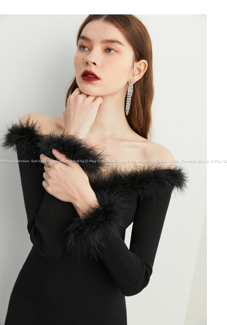 Fall autumn sexy off-shoulder classic black feather top dress - Iwa
