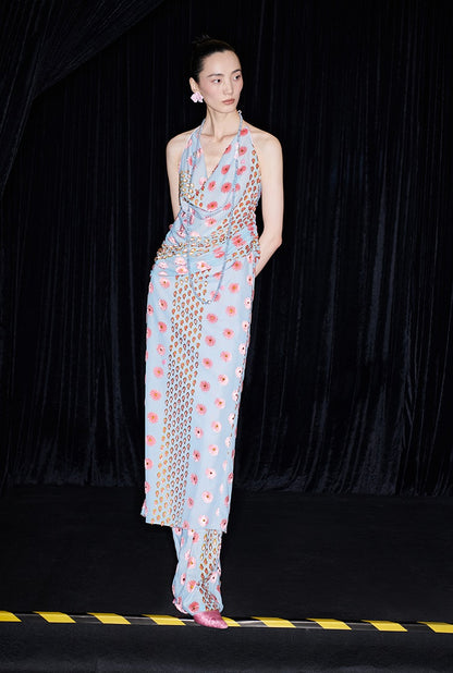 M essential Ma Kai designer Qu Kun burnt flower velvet nail beads open back dress - ALPHA.