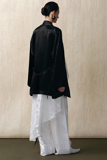 ZHUCHONGYU cross-collar satin black loose with belt jacket--MISAKI.