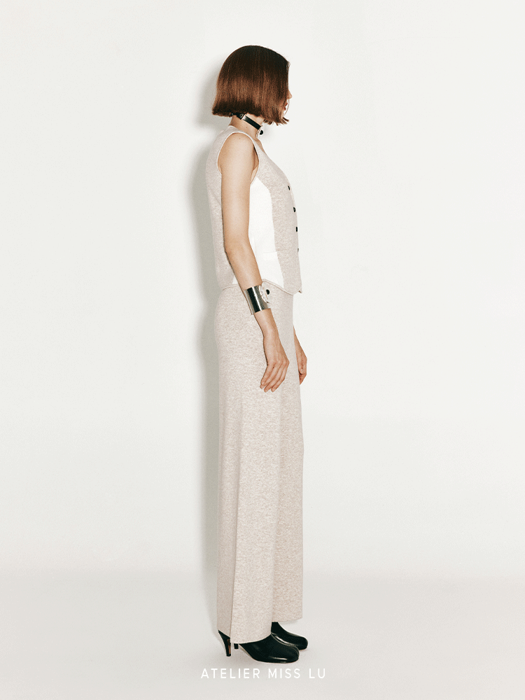 ATELIER MISS LU Fall/Winter Contrast Cashmere and Wool Blend Vest - CHERRY