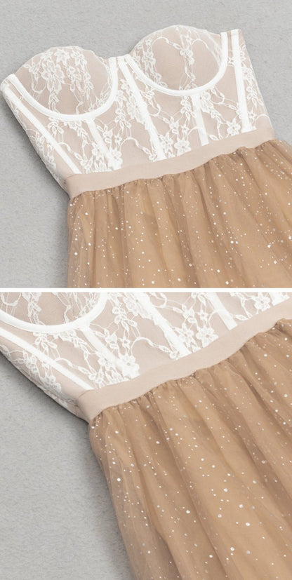 DOLLY Elegant Fake Two Piece Sleeveless Tube Top Sequin Long Dress-POLA