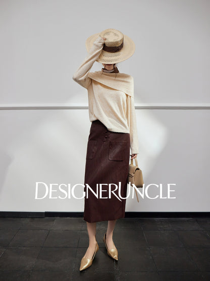 DGU| Dark gray knitted striped slanted shoulder buttons loose design pullover top - Joseph.