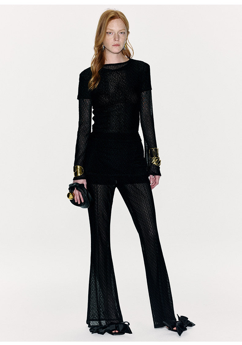 ATELIER MISS LU Logo Flocking Design Sheer Long-sleeved Top - RESULT
