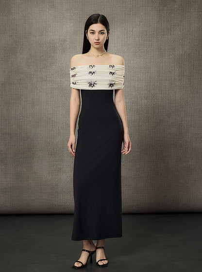 HECO Pleated One-Shoulder Bardot Temperament Midi Dress  - BELIEVE.