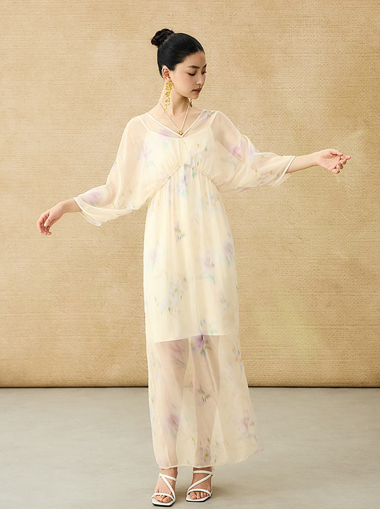 HECO Chinese Resort Style Flowing V-neck Dress - STONE.