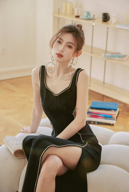 DOLLY Elegant Black V-Neck Sleeveless Waist Baring High Slit Long Cocktail Dress-IMELDA