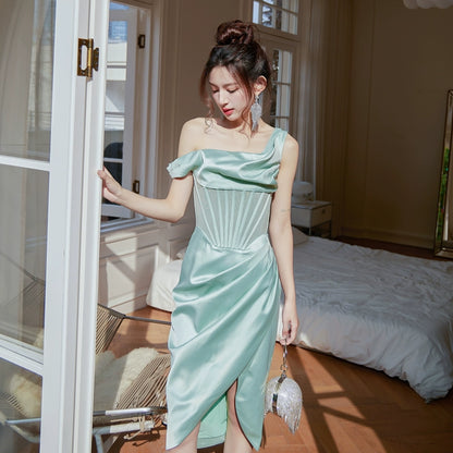 DOLLY Elegant French Style Herringbone One Shoulder Irregular Hem Dinner Dress-SALOMI