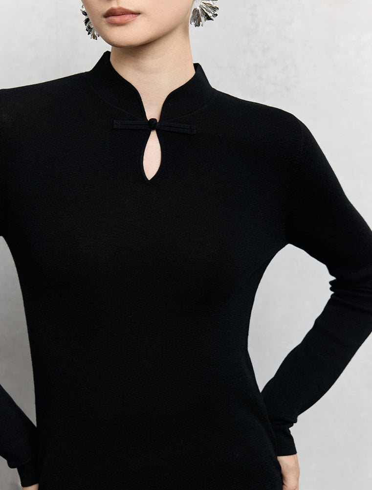 HECO Plain Worsted Wool Cheongsam Collar Buckle Knitwear - close.