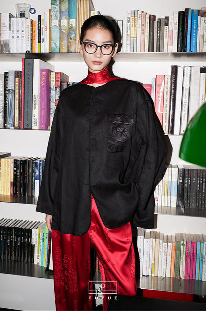 TUYUE black linen texture long-sleeved shirt- JESSICA.