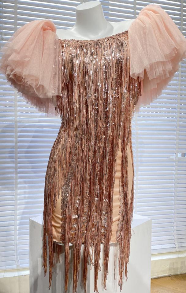 DOLLY Luxury Retro Puff Sleeve Glitter Tassel Tube Top Short Party Dress-LORENA