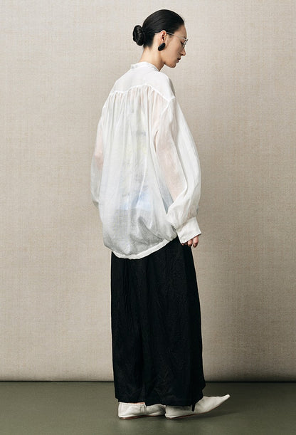 ZHUCHONGYUN  placket drawstring loose light balloon sleeve top-RAMIE.