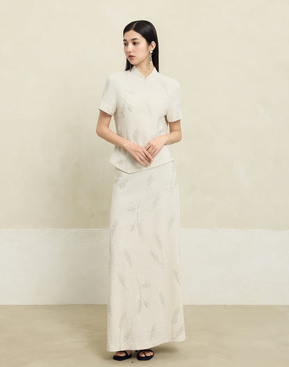 HECO Linen Pearl Leaf Bead Embroidery High Waist Long Skirt Women - JUDAH.