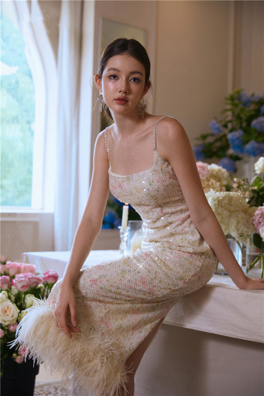 Wardrobes by Chen High End Diamond Sequin Feather cocktail Dress-Matilda