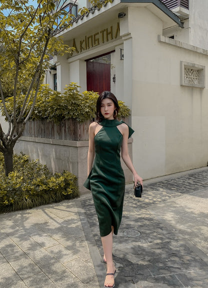 DOLLY Luxury Halter Neck Sleeveless Backless Big Bow Dinner Dress-PELA