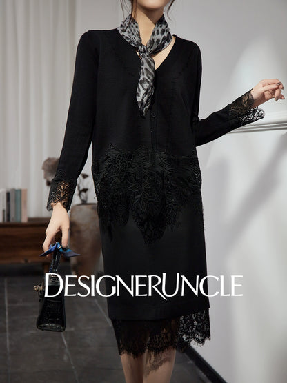DGU Black Suit V-Neck Lace Patchwork Dress Knitted Top Two-Piece Set - FIRE.