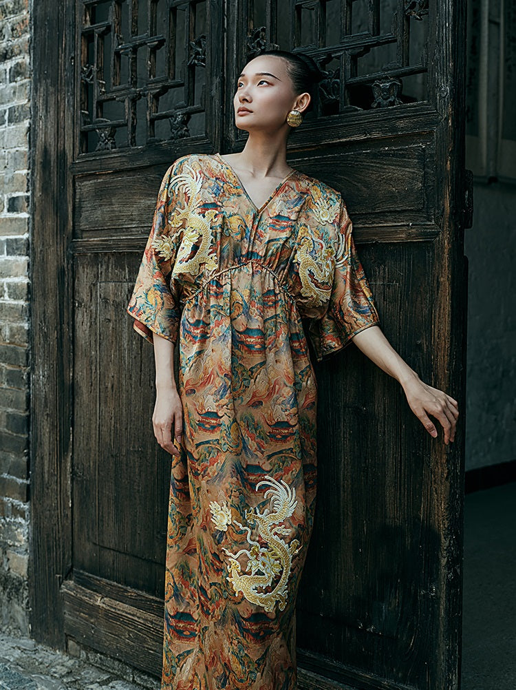 HECO Chinese Waist Cinched V-Neck Dress - QIN