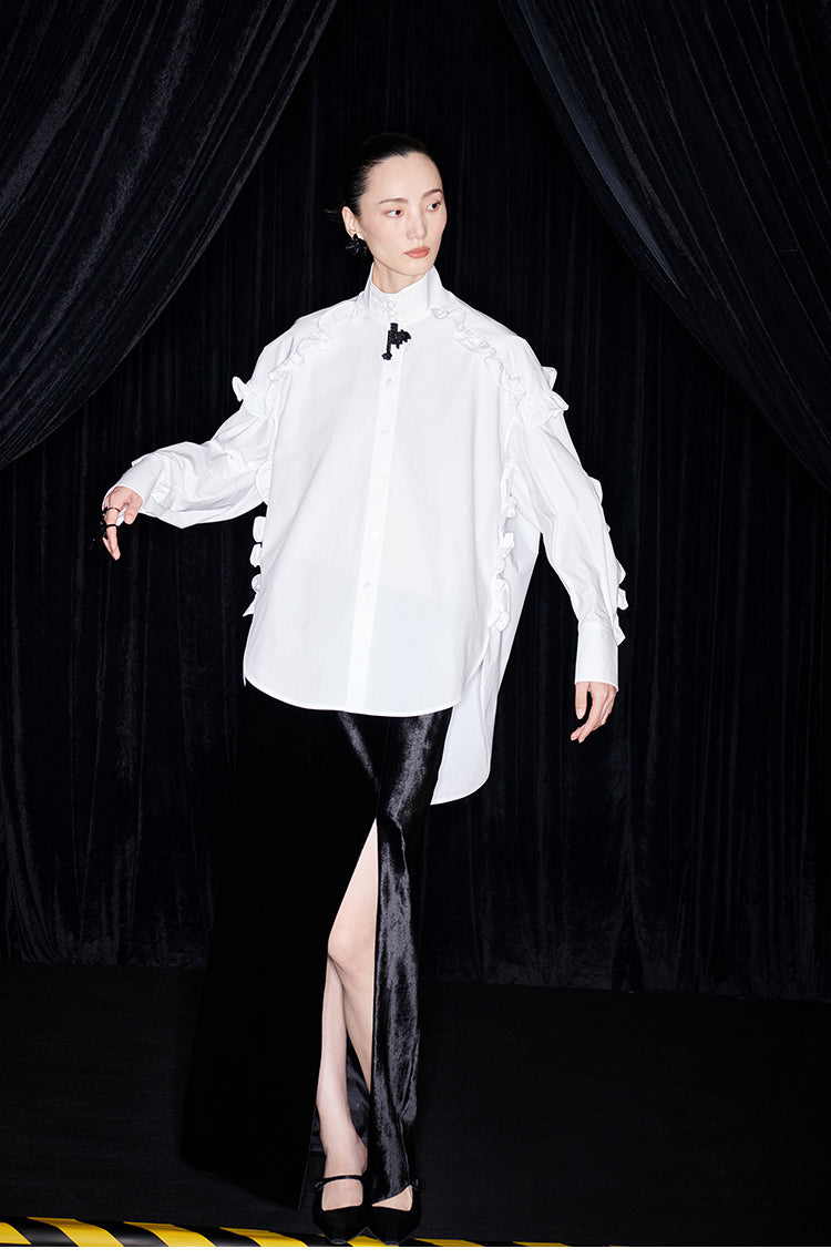 M essential Mackay designer white cotton three-dimensional ruffle trim shirt -  Tori.