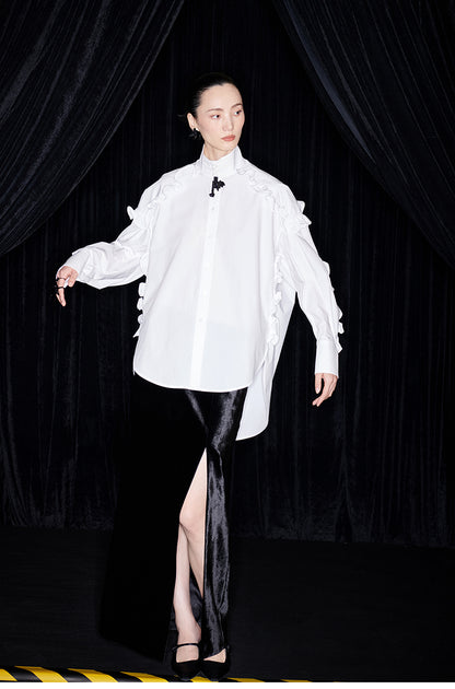 M essential Mackay designer white cotton three-dimensional ruffle trim shirt -  Tori.