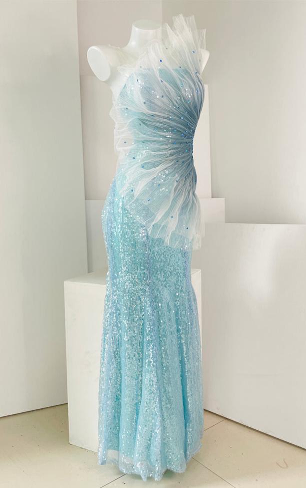 DOLLY Luxury Blue Sleeveless Mesh Bandeau High Waist Long Fish Tail Cocktail Dress-SENORA