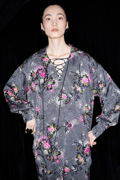 M essential Mackay designer cherry blossom print beads scissor neck loose top - NOCTAINE.