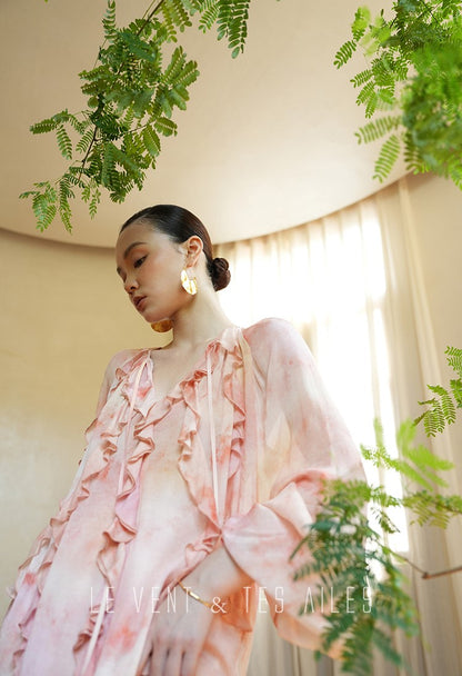 LE VENT& TES AILES Spring summer elegant multicolor silk smudged floral shirt skirt-ENE