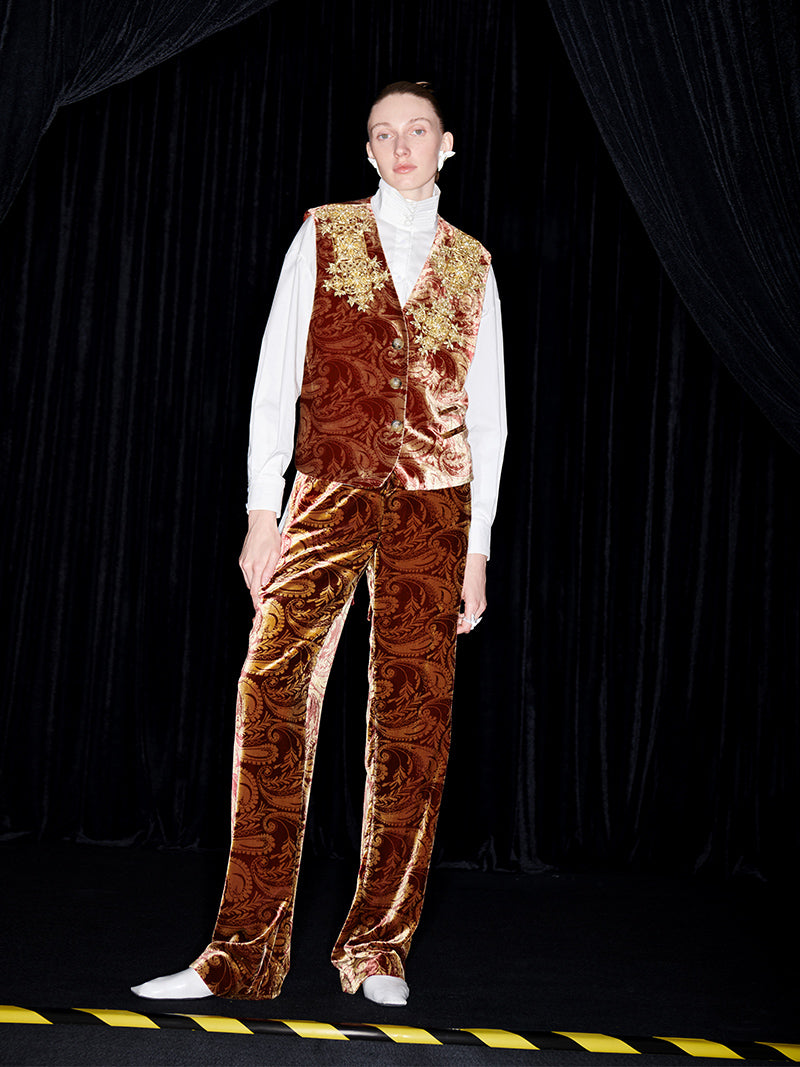 M essential Mackay designer Indian silk embroidery gilet vest pant suit - yaiu.