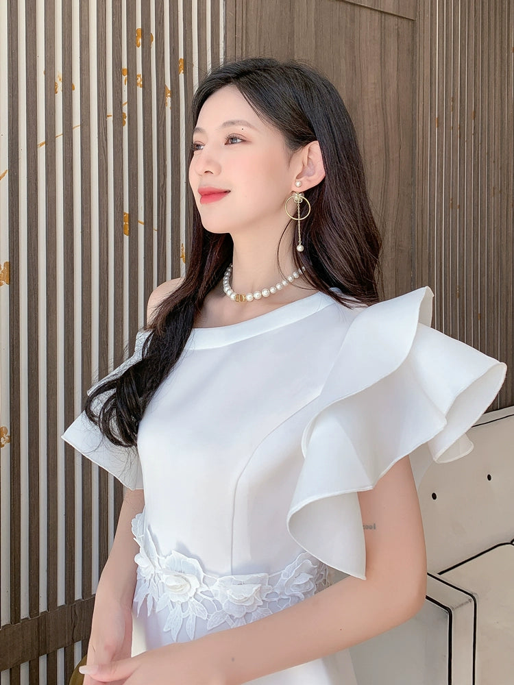 DOLLY Elegant White Slant Collar Short Ruffle Sleeves Midi A-Line Dinner Dress-CRYSTA
