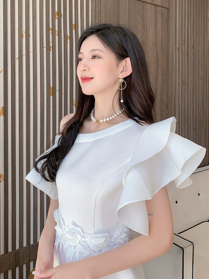 DOLLY Elegant White Slant Collar Short Ruffle Sleeves Midi A-Line Dinner Dress-CRYSTA