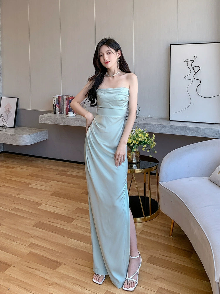 DOLLY Luxury Mint Green Sleeveless Off Shoulder Chest Wrap Long Slit Dinner Dress-CAT