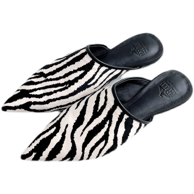 B-FEI zebra print pointed toe flip flat mules-MARK.