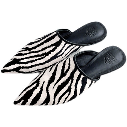 B-FEI zebra print pointed toe flip flat mules-MARK.