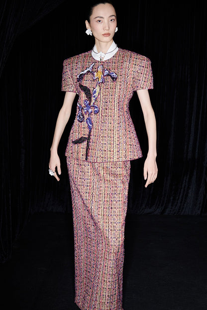 M essential Ma Kai designer kneaded gold coarse spinning iris stacked embroidery slim top - LIVING.