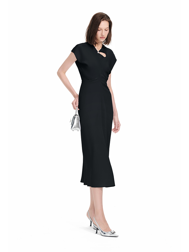 YES BY YESIR | Ye Qians Luxe Deconstructed Collar Long Dress with Quietly Cinched Waistline -SELENIA.
