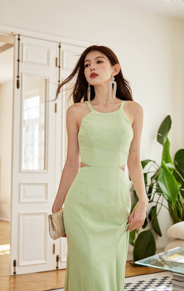 DOLLY Elegant Light Green Sleeveless Halter Neck Backless Long Cocktail Dress-OPRAH