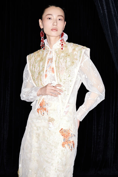 M essential Mackay designer label Jinghui embroidered lace-up trim collar - BABE.