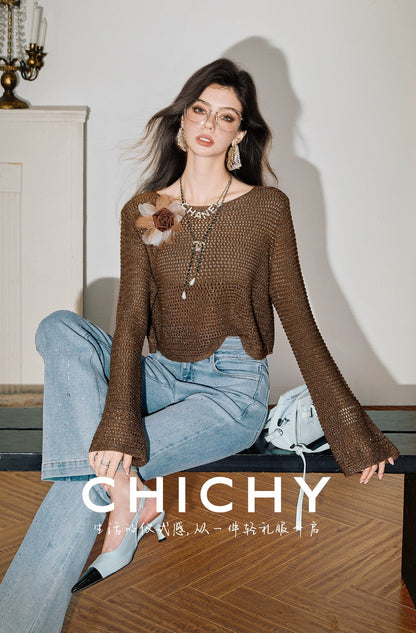 CHICHY hot diamond bootcut blue high-waisted slim pants-KYO