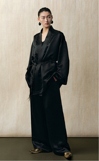 ZHUCHONGYU cross-collar satin black loose with belt jacket--MISAKI.