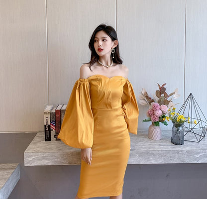 DOLLY High End Retro Style Off Shoulder Long Puff Sleeve Chest Wrap Dress-KILA