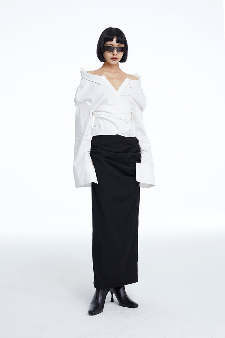 TINY IN white lace-up shirt one and two wear off-the-shoulder loose shirt -MEL