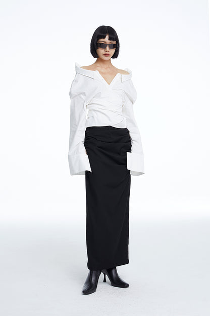 TINY IN white lace-up shirt one and two wear off-the-shoulder loose shirt -MEL