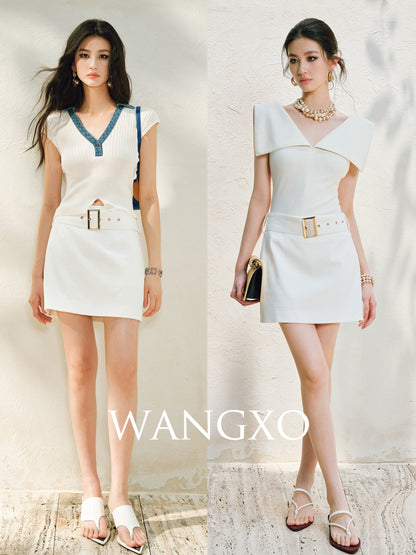WANGXO | High-Content Premium Cotton Skirt Featuring Metal Loop Belt -RINA