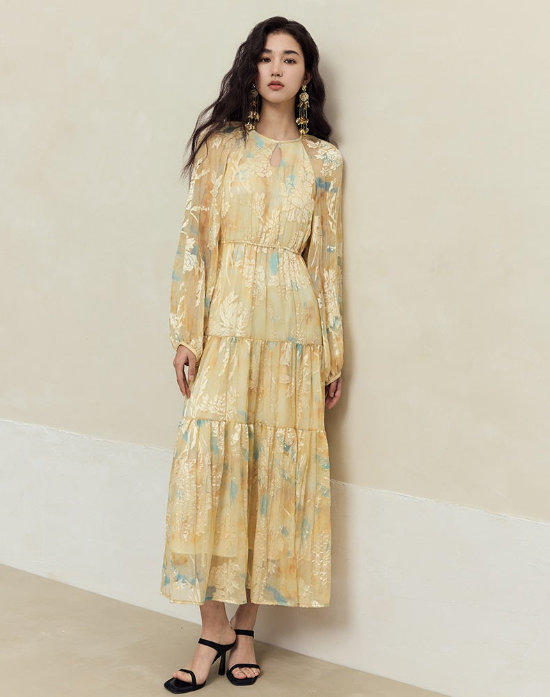 HECO silk peony burnt flower pendulum long-sleeved dress women - healer.