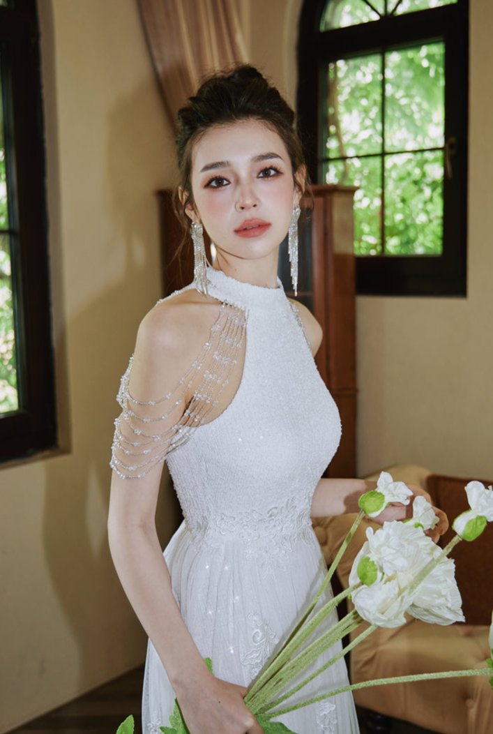 DOLLY Luxury Stand Collar Sleeveless Sequin Glitter Beads Long Nesh Cocktail Dress-SOPHIA