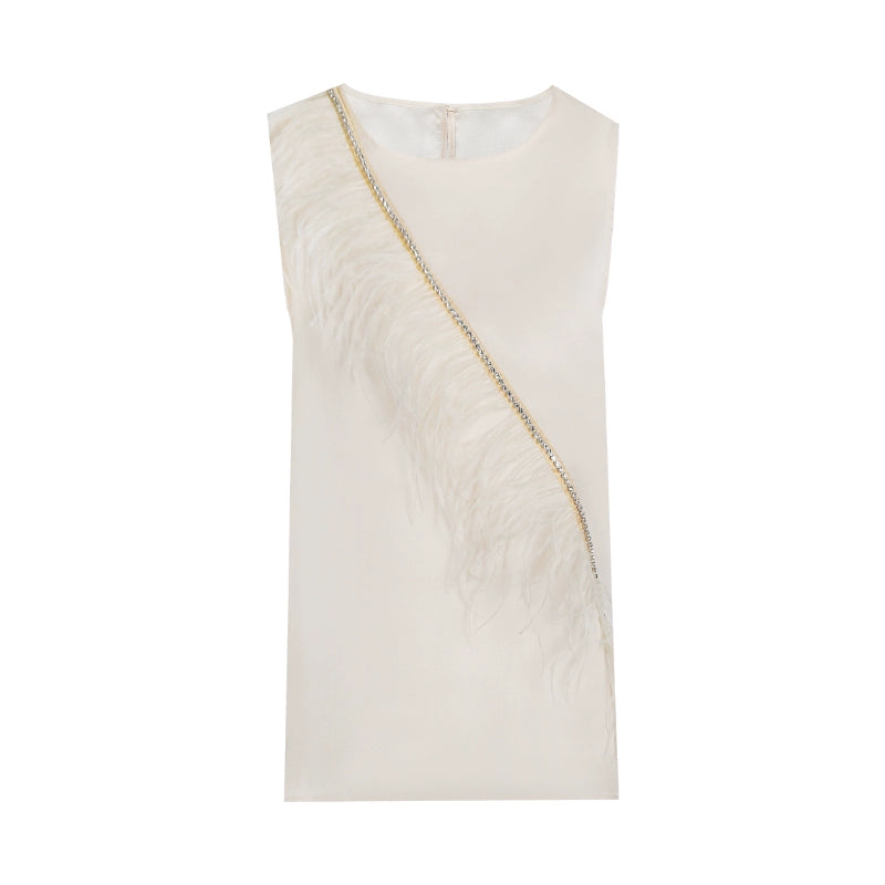 PURITY elegant  feather champagne organza diamond sleeveless top skirt suit set- Dreamy