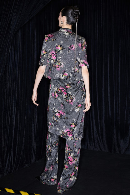 M essential Mackay designer cherry blossom print beads down short vest - LAND.