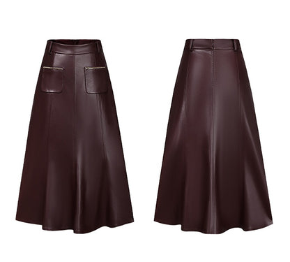 CHICHY retro socialite dark red leather long skirt-DAN